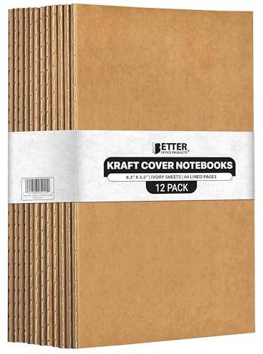 Better Office Products Kraft Notebooks Lined Paper, 12 Pack, 8.3 in x 5.5 in, A5 Size, 60 Lined Ivory Pages, 80 gsm, Soft Cover Composition Notebooks, Stitched Spines, Kraft Travel Journals