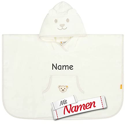 LALALO Steiff Poncho mit Namen personalisiert/bestickt für Baby & Kinder, Weiß, Badetuch, Bade-Poncho, Kapuzenbadetuch, Handtuch mit Kapuze, Bademantel Mädchen & Junge