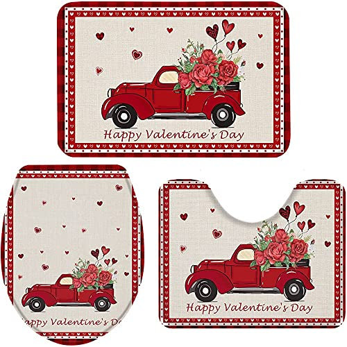 Set 3 Teilig Badvorleger EIN Roter LKW Mit Romantischen Rosen Und Luftballons Anti-Rutsch Bade-Matte+Kontur+Wc-Deckelabdeckung Langlebige Badgarnitur Badematten Für Dusche Badewanne Badezimmer