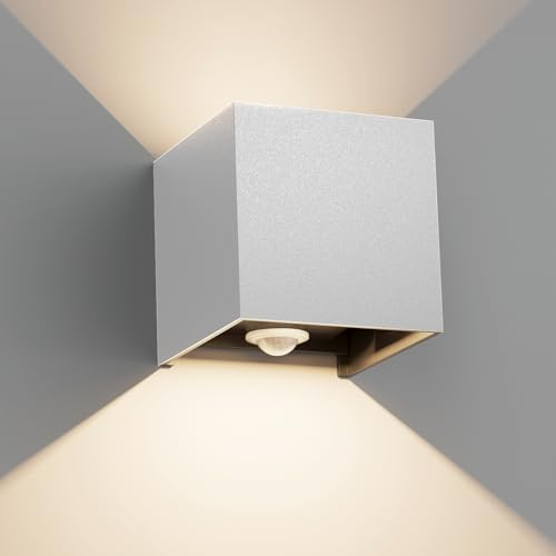 Klighten 12W Aussenlampe Außenlampe mit Bewegungsmelder,Außenwandleuchte mit bewegungsmelder Einstellbarer Lichtstrahl,LED Wandleuchte Up Down Außen/Innen für Garten,IP65,Naturweiß 4000K,Grau