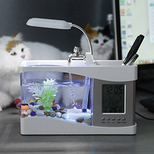 Jerliflyer Mini-Aquarium, Multifunktionales USB-wiederaufladbares Aquarium, Elektronisches Desktop-Aquarium Mit Uhrfunktion, LCD-Display,LED-Licht, Stifthalter Für Büro Und Zuhause(Weiß)