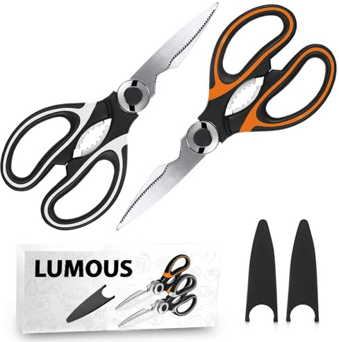 GILORRA 2Pcs Kitchen Scissors Sharp Heavy Duty Kitchen Scissors Stainless Steel Multipurpose Utility Scissor Kitchen Shears for Chicken Meat Scissors UK Dishwasher Safe (2 X Orange/Black+White/Black