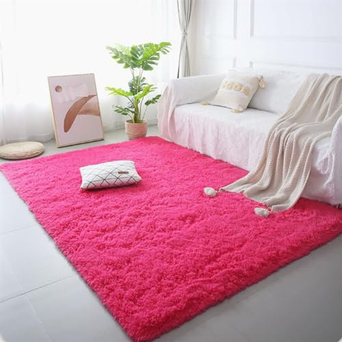 GueTTO Hochflor Teppich Modern Flauschig Weich Groß für Wohnzimmer Deko Schlafzimmer Flur Läufer Outdoor Carpet Langflor Fellteppich Kunstfell Shaggy Einfarbig Bettvorleger,Rose red,100x200cm
