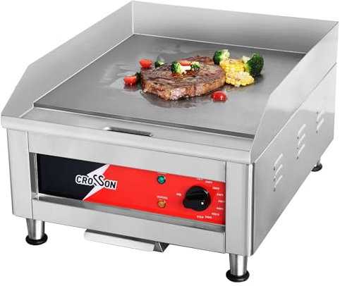 CROSSON Piastra Elettrica Commerciale 2500W,Plancha Elettrica Inox 40 x 40 cm, Temperatura Regolabile 87-300°C con Spatola per Ristoranti Luoghi Pubblici
