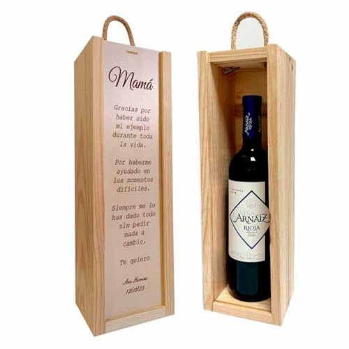 ADRI - Regalos originales personalizados para padres, madres, hermanos, abuelos - Caja de madera personalizada con botella de vino incluida para regalar (FRASE MAMA)