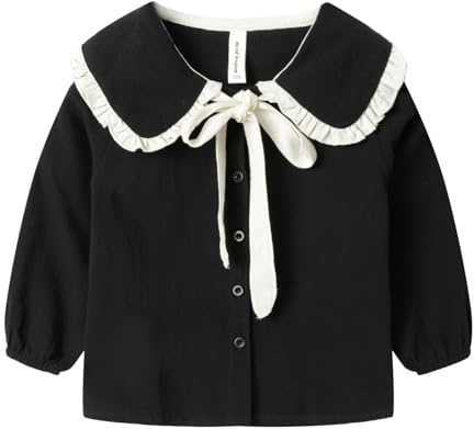 Mud Kingdom Little Girls Shirt for Girl Long Sleeve Blouse Peter Pan Collar with Bowknot School Uniform Black 6 Years