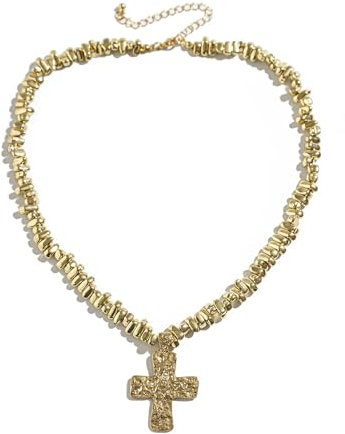 KnSam Herren Halsketten Männer, Edelstahl Partnerketten Unregelmäßig Bead mit Kreuz Form, Gold Ketten, 55CM