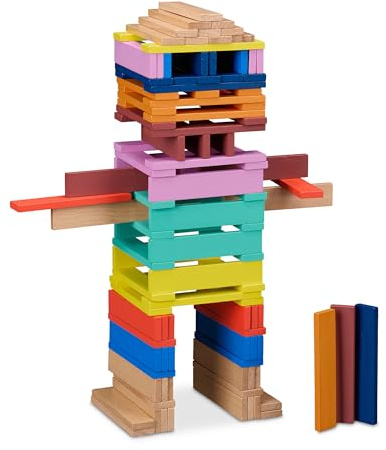 Relaxdays Bloques de Madera Niños, Set 100, Piezas Construcción Infantiles, 12 x 2,5 x 0,7 cm, Desde 3 Años, Multicolor