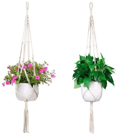 WHangXJangYE 2 Stück Makramee Blumenampel, Boho Deko Hängend Baumwollseil Blumentopfhalter Blumentopf Pflanzen Halter Aufhänger Makramee Hängekorb für Innen Außen Decken Balkone Dekoration (2)