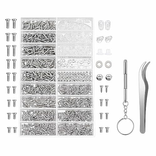 Kit de 1000 tornillos para lentes, kit de reparación de tornillos 7 en 1 para gafas de sol o reloj trasero, tornillos pequeños para reparación de gafas con destornillador, pinzas, tuercas, tapas y