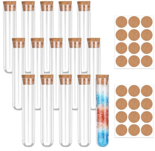 Tatxmalv 15 Pièces Tube à Essai, Tubes à Essai Transparents, Tube à Essai Plastique avec Bouchon Liège, avec Étiquettes Papier Kraft, pour Fleurs, Table de Laboratoire (16 * 100mm)