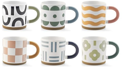 H&H - Set di 6 Mug Studio in Stoneware - Colori Assortiti 380 cc, Adatte per Lavastoviglie e Microonde, Design con Base Bianca, Decori Assortiti e Manici Colorati