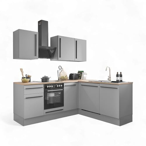 Denver Moderne Eckküche mit Elektrogeräten in Grau, Lancelot Eiche Optik - Geräumige Küchenzeile in L-Form mit viel Stauraum - 220 x 211 x 60 cm (B/H/T)
