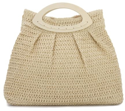 Ynport Crefreak Bolso de Paja para Mujer - Bolso de Mano de Playa de Verano Tejido Bolso de Paja de Viaje con asa de Madera para Vacaciones de Fiesta