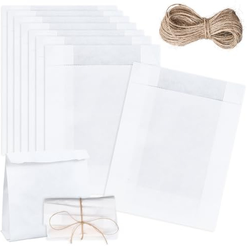 SOFPLATE 50 Stück 4x6 Zoll Weiße Papiertüten Aus Kraftpapier Lunchtüten Mit Jutekordel Klein Rechteckig Für Leckereien Süßigkeiten Popcorn Kekse Sandwiches Backbeutel Zum Verpacken von Geschenken Gebu