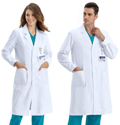 COCREAZY Blouse Blanche Chimie Femme Homme Blouse Chimie Lycee Coton Blouse Laboratoire Collège Blouse Physique Manche Longue Blouse Médicale Blouse Scientifique avec Poche pour Étudiant Hospital, XL