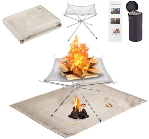 Tragbare Feuerstelle für Camping, Outdoor Faltbare Feuerstelle Große Größe 55,9 cm mit Feuerschalenmatte und Tragetasche, 304 Edelstahl-Mesh-Feuerstellen für Camping, Grill, Terrasse und Garten