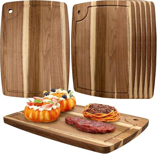 Lot de 6 planches à découper en bois d'acacia 35 x 25 cm avec rainure planche cuisine pour viande fromage légumes pizza fruits pain