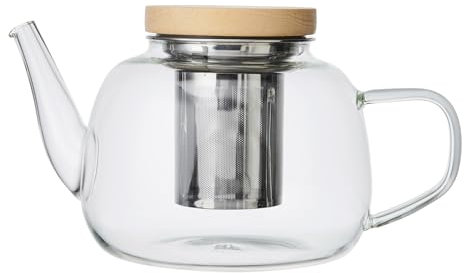 La Cafetière Rialto Glass Teapot with Filter and Stylish Wooden Lid, 4 Cup Borosilicate Glass Teapot Drip Proof Sprout, Heat and Thermal Shock Resistant, with Removable Stainless Steel Filter, 1.2L