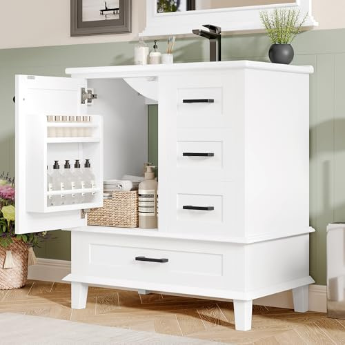 Lexiou 76 x 46 x 83,5 cm, mobile da bagno con lavandino, lavabo, completamente laccato, scaffale per porta, tre cassetti silenziosi, lavabo in ceramica integrato (bianco)