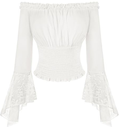 SCARLET DARKNESS Damen Viktorianische Bluse Schulterfrei Langarm mit Spitze Gesmokte Taille Renaissance Tops Weiß XXL