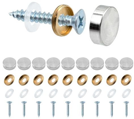 Mebamce 10 Sets Stainless Steel Mirror Screws with Caps, 16 MM Brushed Decorative Screw Cap Metal Screw Cap Cover Fasteners for Mirrors, Glass, Furniture Fittings - Silver
