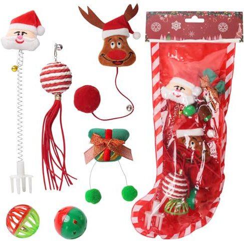 Everpwr Giocattoli natalizi per gatti, confezione da 6 pezzi, set di giocattoli interattivi per gatti da interni, Babbo Natale e renna con palline a campana, calza di Natale per gatti, regalo ideale