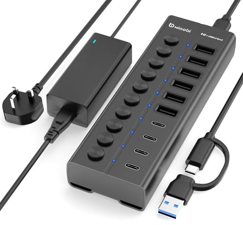 Aktiver USB‑Hub, 10‑Port‑USB‑C‑Hub mit 6×USB‑A 3.2 und 4×USB‑C 3.2 | Einzelschalter und 12V/5A-Netzteil, USB-Verlängerung aus Aluminium für MacBook, Laptop/PC und mehr.