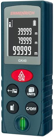 Ermenrich Reel Plus GK40 Télémètre Laser 40M, Portable avec Niveau À Bulle, Outil de Mesure pour Distance, Surface, Volume, Mode Pythagore, Changement D’Unités, Écran LCD avec Mémoire