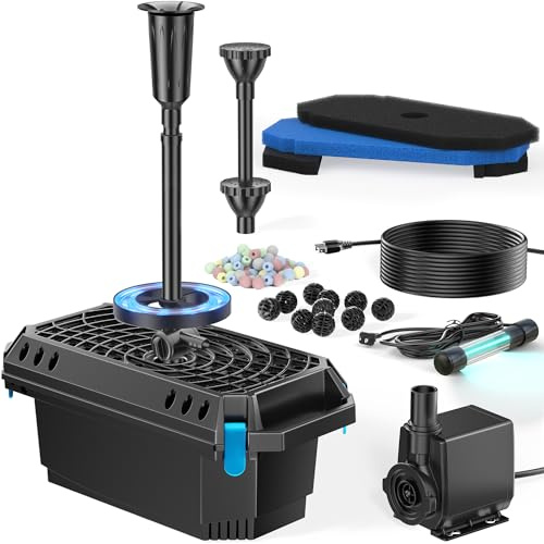 POPOSOAP Pond Filter with U-V Clarifier 2500 L/h and RGB LED Lights | All-in-One Pond Fountain, Pond Pump and Filter Kit, for Outdoor Ponds up to 6000 Litres