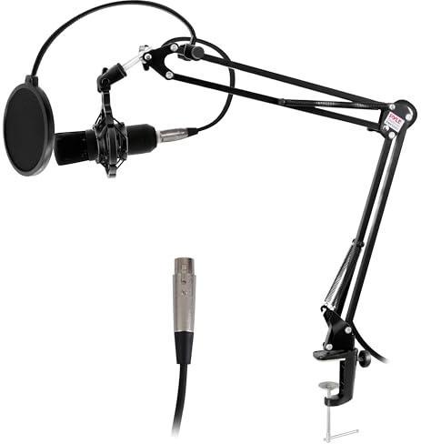 Pyle Suspension Boom Mic Stand with Shock Mount – Adjustable Desktop Mic Stand Boom Arm with Clamp, XLR Cable, Mic Clips – Heavy-Duty Microphone Stand for Podcast, Studio, Streaming, Broadcasting
