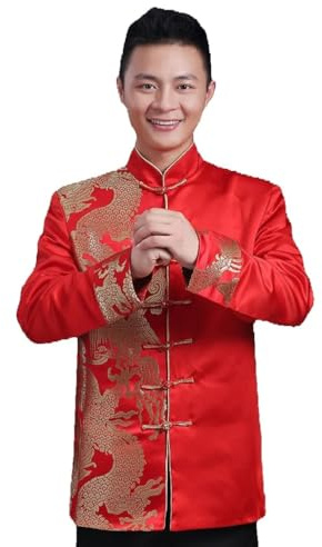 in OrientTown East Asia Traditional Groom Tops Men Red Tang Jacket Vintage Ethnic Coat for Overseas Chinese A098 (US, Alpha, Small, Regular, Regular, Gold Pattern)