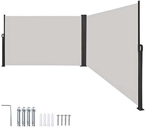 Ferzone 160 x 600cm Doppel Seitenmarkise Ausziehbar, Garten Sichtschutz aus Aluminium, Sonnenschutz Windschutz Wasserdicht Blickdicht Seitenrollo für Balkon, Pool und Terrasse, Hellgrau