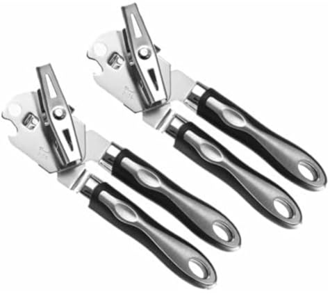 Abrelatas manual de acero inoxidable con imán de seguridad y abrebotellas, agarre ergonómico antideslizante para el hogar, camping, picnic, fácil de limpiar y almacenar (dos)