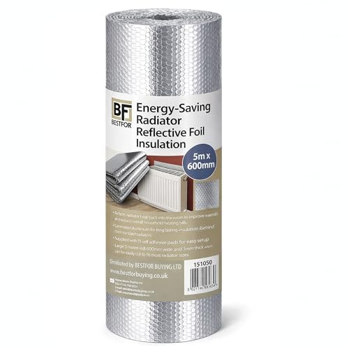 Energy Saving Reflective Bubble Foil Insulation Roll 5m x 600mm, 12 Adhesive Pads, for Radiators, Walls, Ceilings, Easy Install, Reduces Heat Loss Durable Safe No Maintenance Boost Heating Efficiency