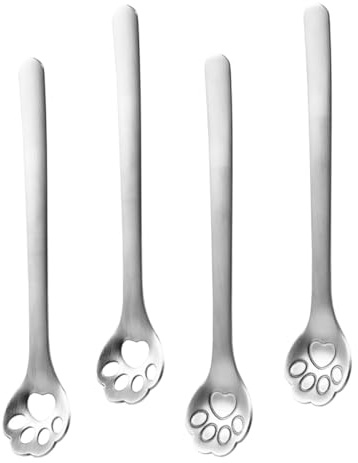 Toyvian Lot de 4 Cuillères à Café en Acier Inoxydable 304 Qualité Alimentaire Motif Patte de Chat 2 Cuillères Pleines Passoires Argenté pour Café Thé Glacé et Cocktails