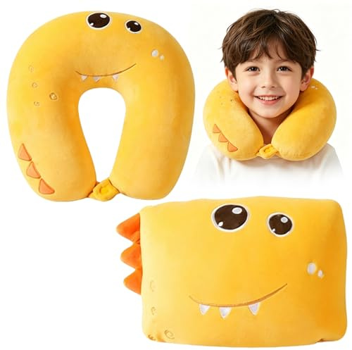 RNPKZ Nackenkissen Kinder, 2 in 1 Verformbares Reisekissen Kinder, Dinosaurier Nackenhörnchen, Doppelseitige Verwendung, Weiches U Memory-Schaum für Jungen, Mädchen, Erwachsene, Reisen, Auto (Gelb)