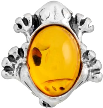 Sterling Silver Baltic Amber Frog Brooch Pin for Women Antiqued Finish Approx. 13/16 inch Wide