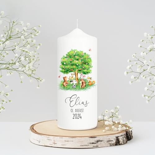 Bougie pour parrain garçon et fille - Arbre avec animaux de la forêt - Bougie pour baptême, naissance ou communion - Blanc - 18 x 7 cm - Avec nom et date