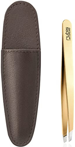 Rubis Pinzette Gold - Augenbrauenpinzette schräg in braunem Leder Pinzetten Etui - Profi Pinzette zum Augenbrauen zupfen