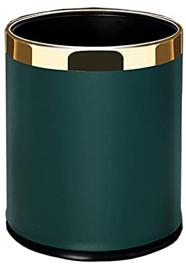 SXYLOB Luxury Metal Waste Bin 10L, Double Layer Trash Can PU Leather Covered Round Wastebasket Dust Bins for Kitchen Bathroom Hotel Office (MOLADI Green)