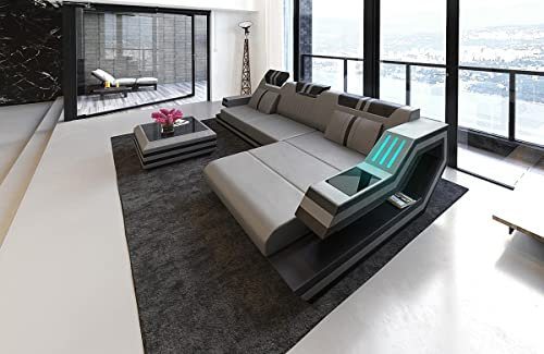 Ledersofa Ravenna L Form Ecksofa Sofa - mit LED Beleuchtung, verstellbare Kopfstützen, Recamiere/Lederfarben wählbar/Ausrichtung wählbar (Ottomane rechts, grau-Schwarz)