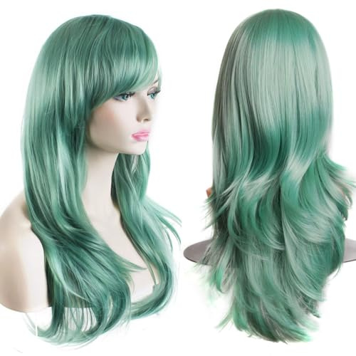 YEESHEDO Minzgrün Cosplay Perücke für Frauen Langes Gewelltes Haar Synthetische Perücken mit Pony für Halloween Party Kostüm Anime 28 Zoll 70 cm