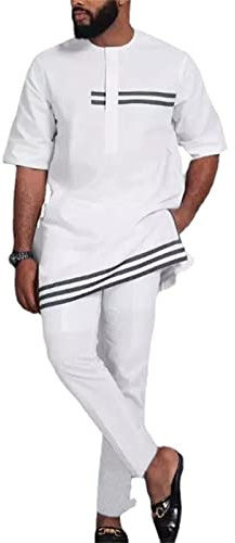 Costumes africains pour Hommes Dashiki Chemise à Manches Longues et Pantalon Noir Tenues Traditionnelles vêtements survêtement 2 pièces Ensembles