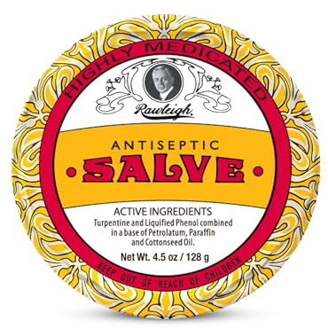 Rawleigh Antiseptic Salve Iconic Yellow Big Tin: 4.5 oz, Natural, Multi-Purpose Ointment Soothes Skin Cuts, Bruises, Irritations, with Turpentine, Phenol, Cottonseed Oil, Original Formula - Pack of 1