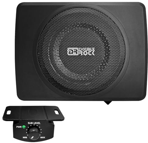 DR DOUBLE ROCK CB08 Subwoofer debajo del asiento para coche, 600 vatios, 8 pulgadas, delgado, subwoofer compacto con amplificador integrado y perilla de control de volumen de graves