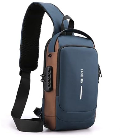 HAN-LBG Umhängetaschen für Männer und Frauen, wasserdichte Brusttasche mit USB-Ladeanschluss Anti-Diebstahl-Schloss Crossbody-Rucksack Flex-Schultertasche für Wandern Radfahren Reisen (Blau-Gold)