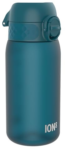 ion8 Kinder Trinkflasche, 350ml, Auslaufsicher, Einhandöffnung, Sichere Verriegelung, Spülmaschinenfest, BPA-frei, Tragegriff, Klappdeckel, Leicht zu Reinigen, Klimaneutral, Dunkles Blaugrün