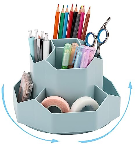 SAMSYOKI Porte Stylo Rotatif Organisateur de Bureau Rotation à 360 Degrés avec 9 Compartiments Pot à Crayon Bureau Multifonctionnel Porte-stylos pour Classe Bureau Maison(Bleu)