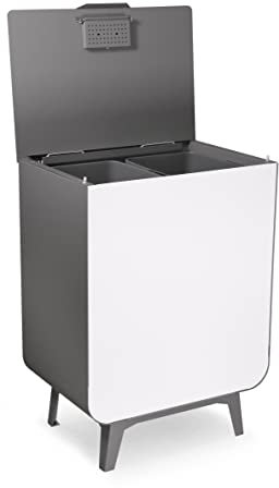 Arregui Duplo CR271-D Cubo de Basura y Reciclaje de Acero de 2 Compartimentos | Gran Capacidad 2x26 L (52L) | Cubos de Basura de Cocina | con Filtro Antiolor y Patas Salvazócalos | gris cuarzo-blanco